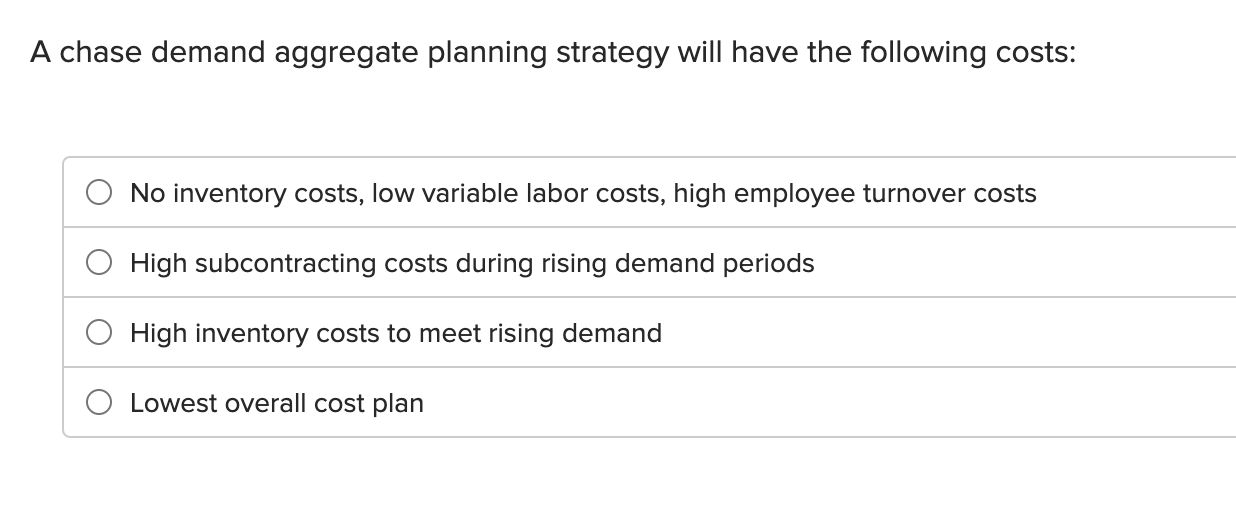 A chase demand aggregate planning strategy will