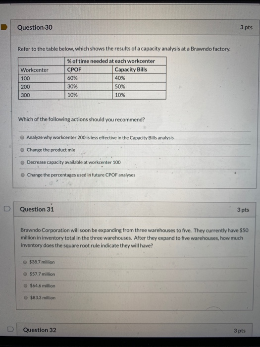 Question 30 3 pts Refer to the table below, which