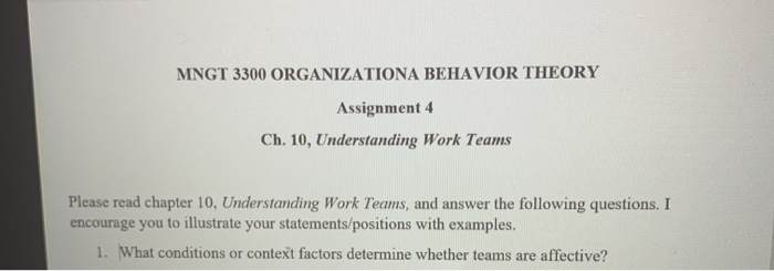 MNGT 3300 ORGANIZATIONA BEHAVIOR THEORY