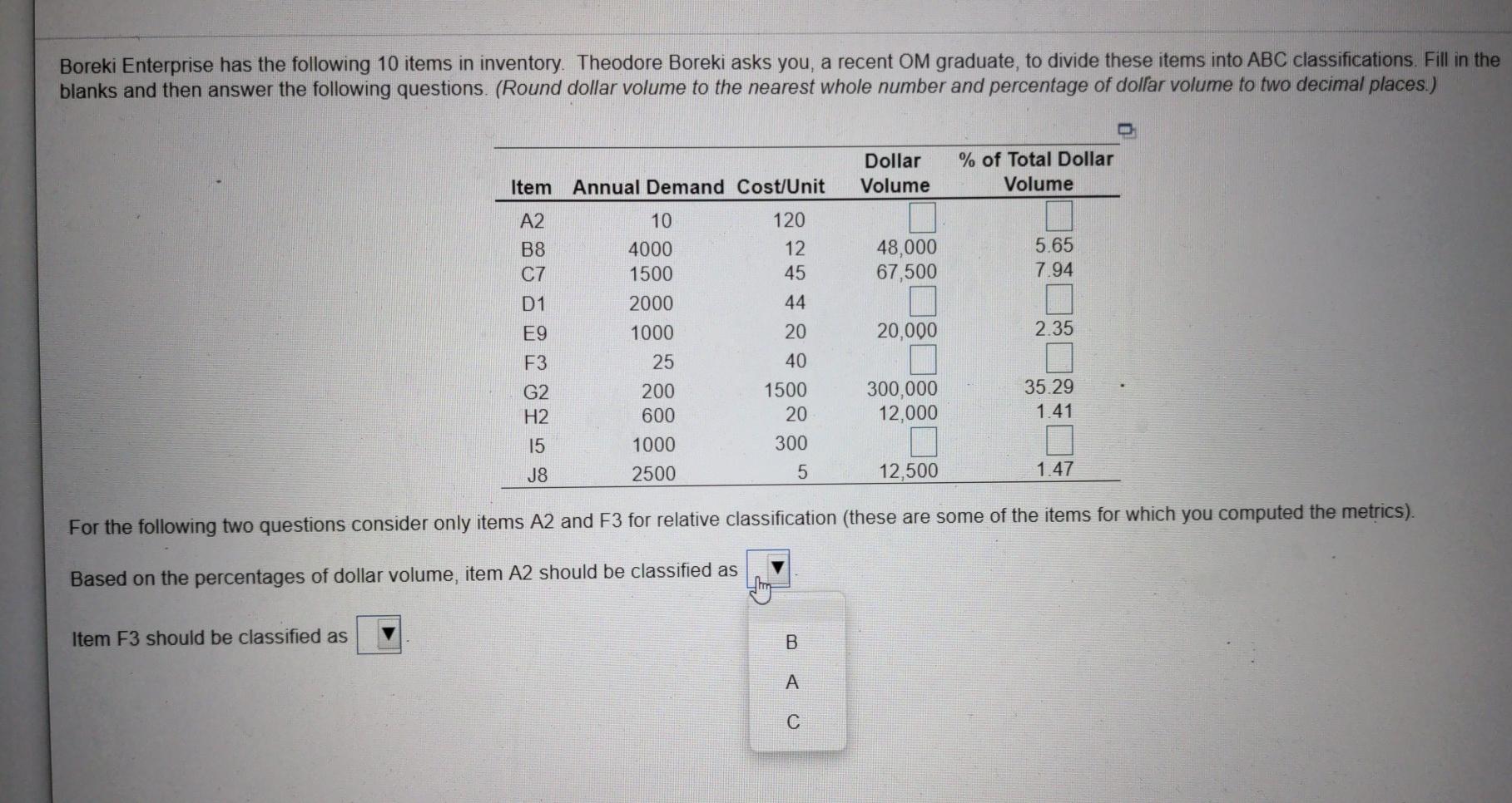 Boreki Enterprise has the following 10 items in