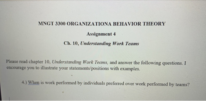MNGT 3300 ORGANIZATIONA BEHAVIOR THEORY