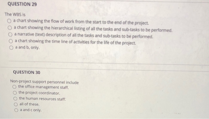 QUESTION 29 The WBS is a chart showing the flow