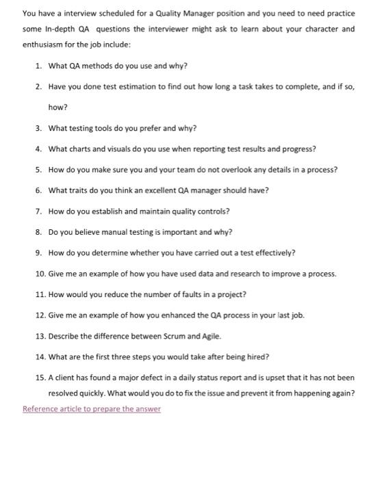 You have a interview scheduled for a Quality