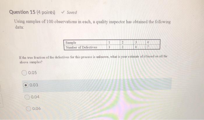 Question 15 (4 points) Saved Using samples of 100