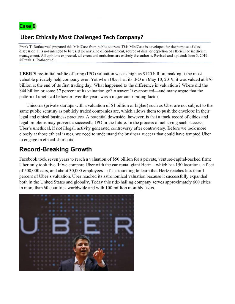 Read this CASE Uber: Ethically Most Challenged