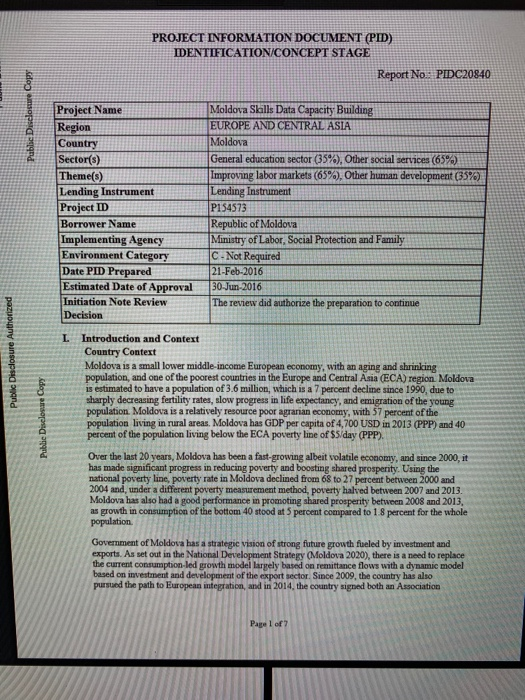 consider the World Bank Moldova Project and