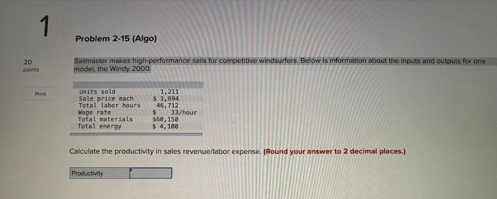 1 Problem 2-15 (Algo) 20 points Sailmaster makes