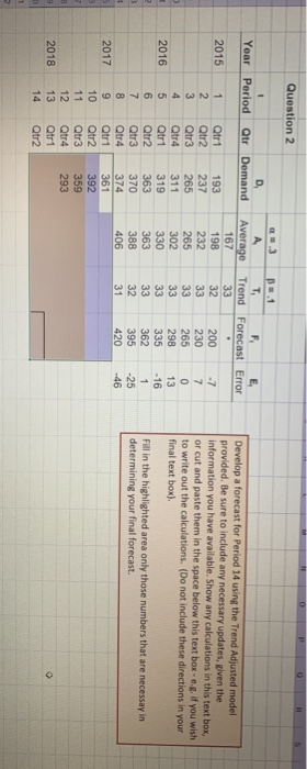 0 Question 2 Year Period D Qtr Demand 2015