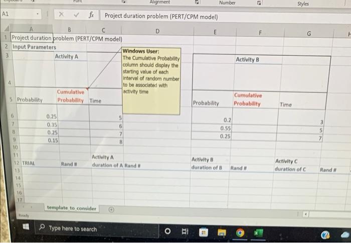 Develop simulation model for a PERT/CPM