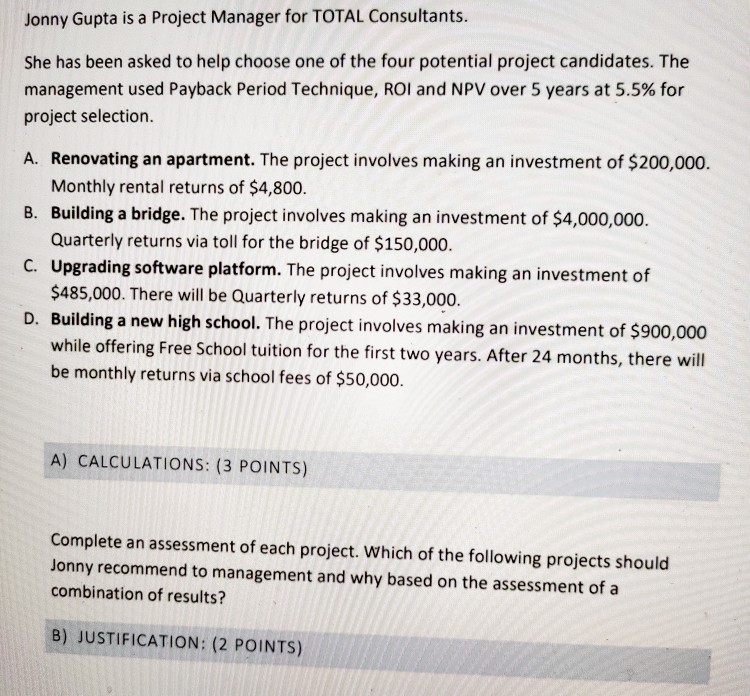 List 5 Methods for Selecting Projects and Provide