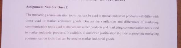 Assignment Number One (1) The marketing