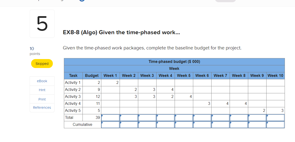 5 EX8-8 (Algo) Given the time-phased work... 10