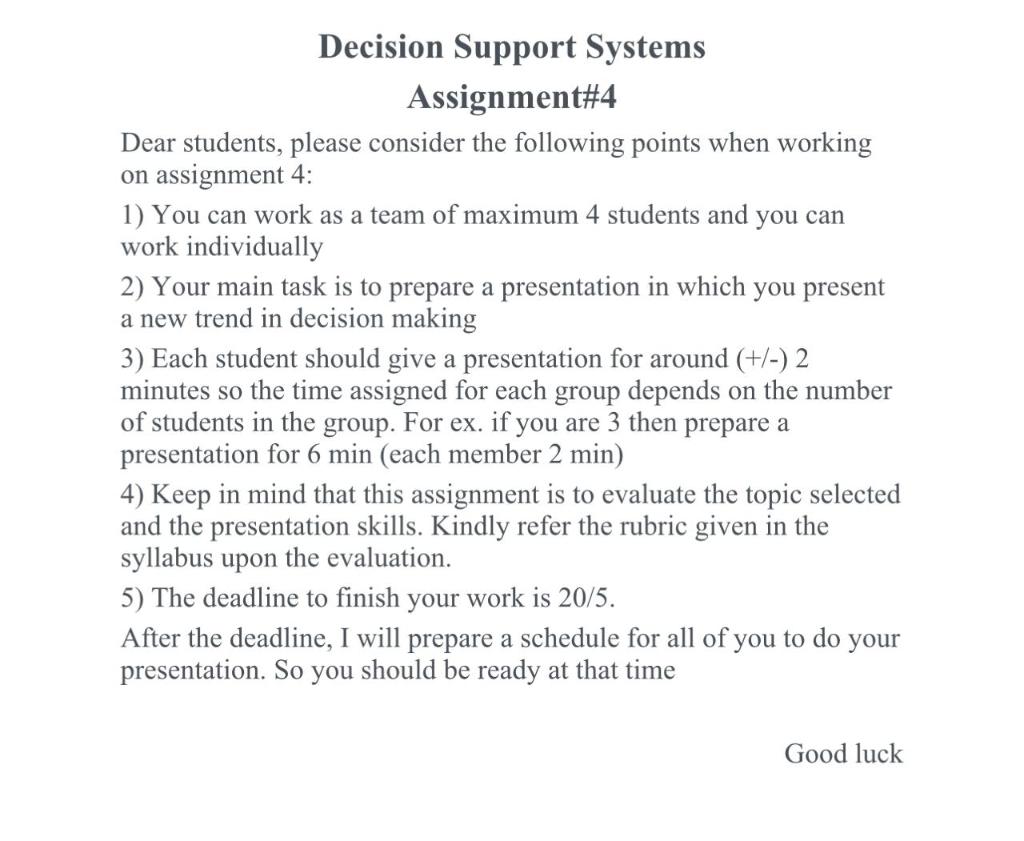 Decision Support Systems Assignment#4 Dear