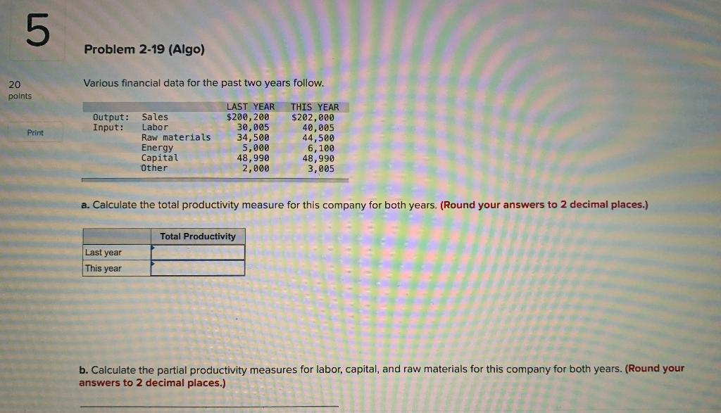 5 Problem 2-19 (Algo) Various financial data for