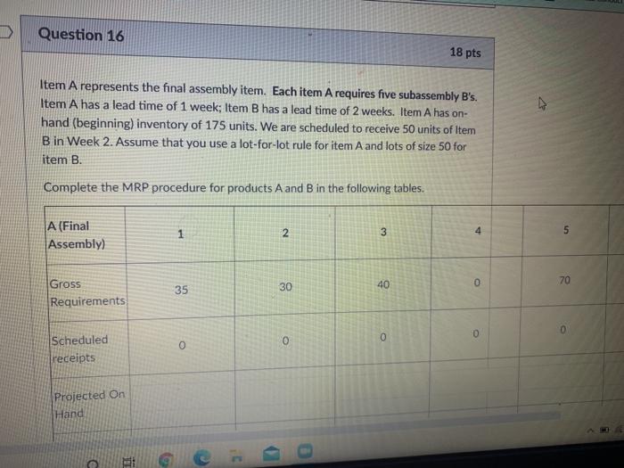 Question 16 18 pts Item A represents the final