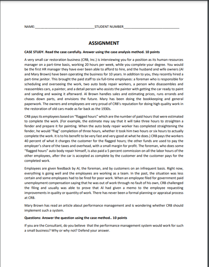 NAME: STUDENT NUMBER ASSIGNMENT CASE STUDY. Read