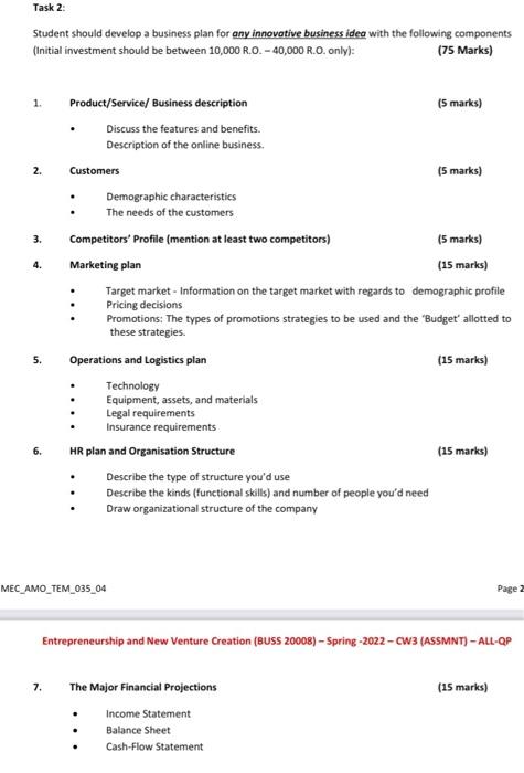 Task 2: Student should develop a business plan