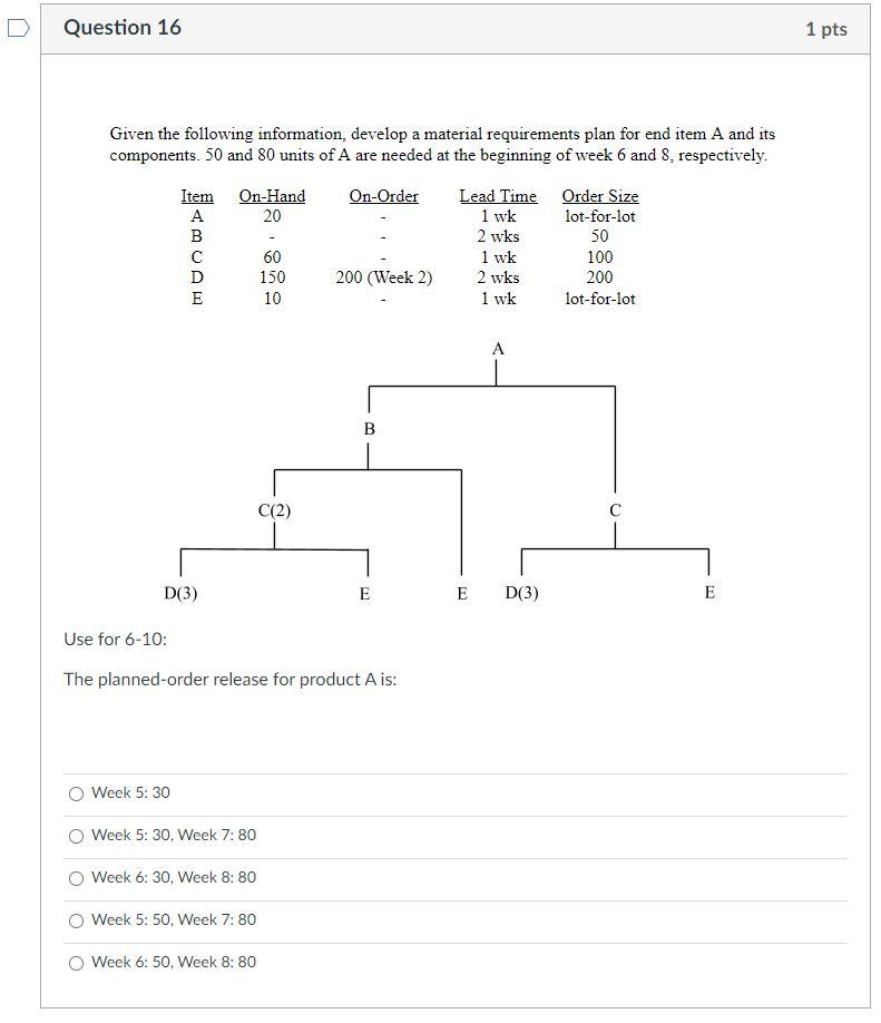 Question 16 1 pts Given the following