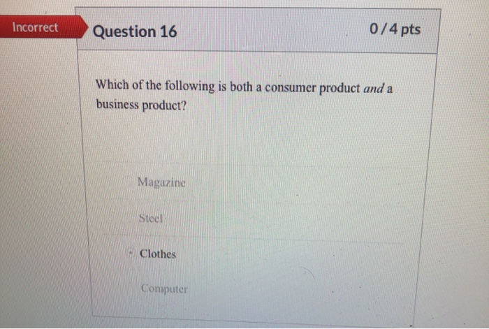 IT IS NOT CLOTHES Incorrect Question 16 0/4 pts