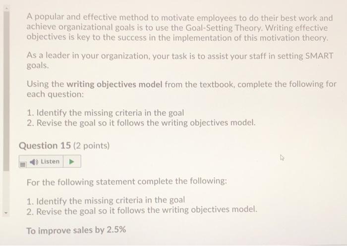 Question 16 (2 points) Listen For the following