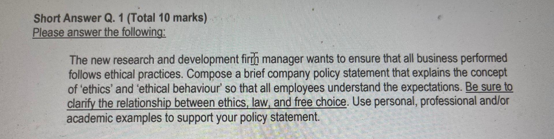 Short Answer Q. 1 (Total 10 marks) Please answer