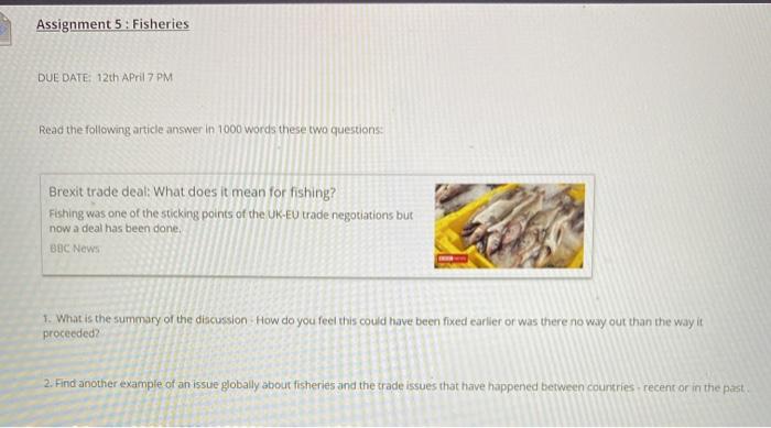 Assignment 5: Fisheries DUE DATE 12th April 7 PM