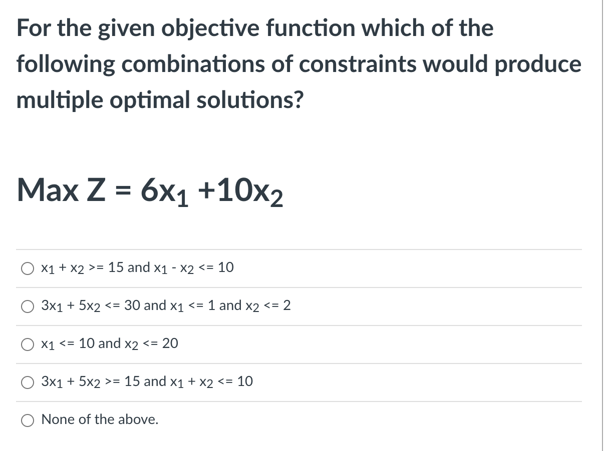 For the given objective function which of the