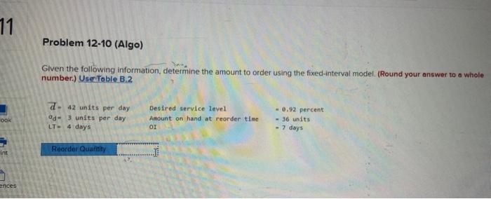 71 Problem 12-10 (Algo) Given the following