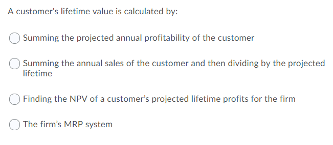 A customer's lifetime value is calculated by: