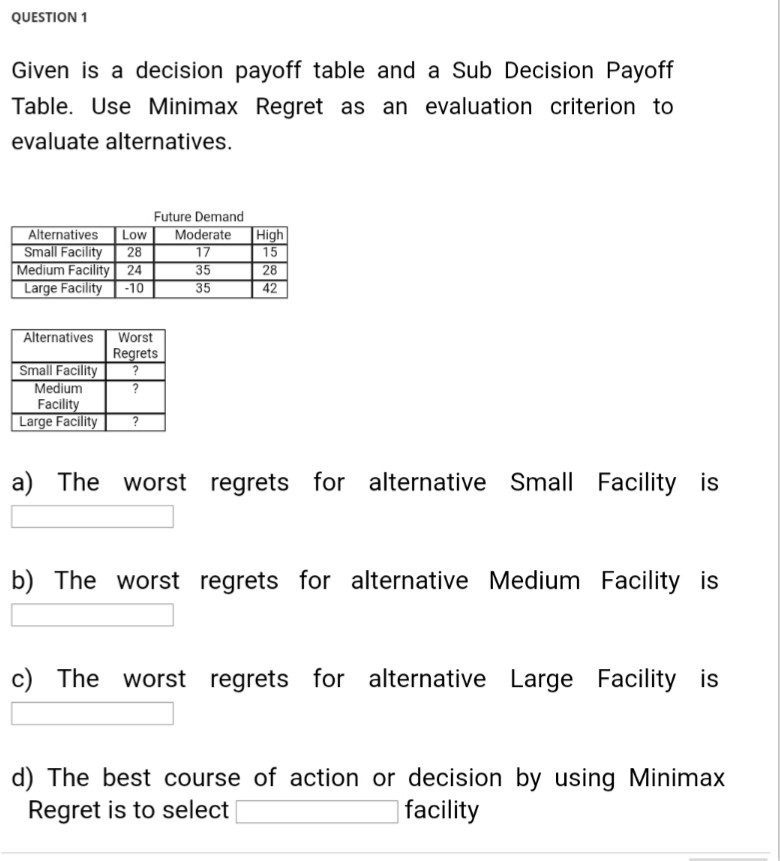 QUESTION 1 Given is a decision payoff table and a