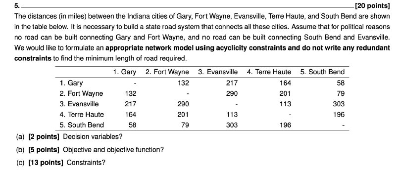 5. [20 points] The distances (in miles) between