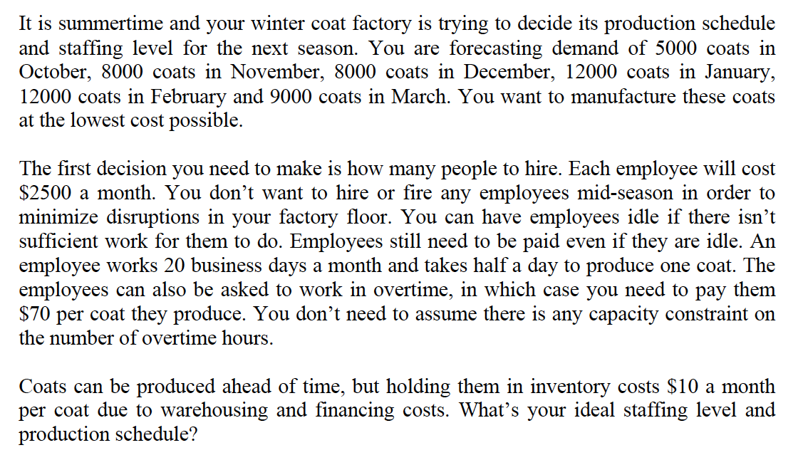 It is summertime and your winter coat factory is