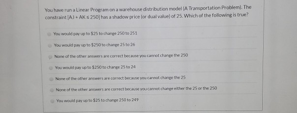 You have run a Linear Program on a warehouse
