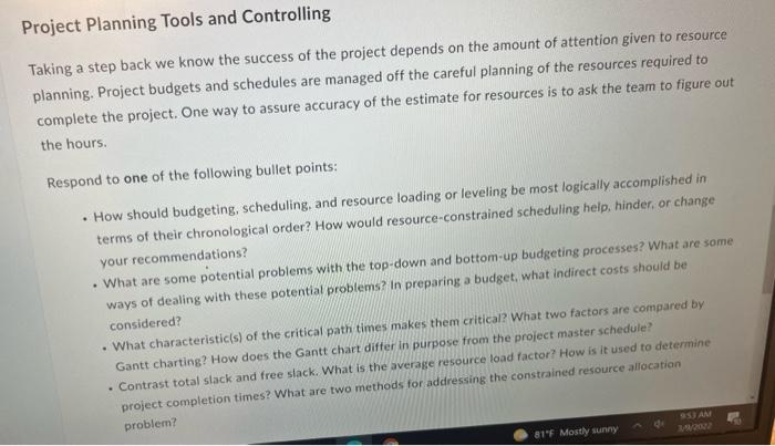 Project Planning Tools and Controlling Taking a