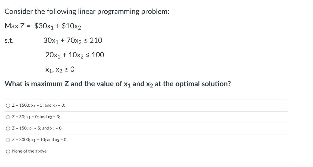 Consider the following linear programming