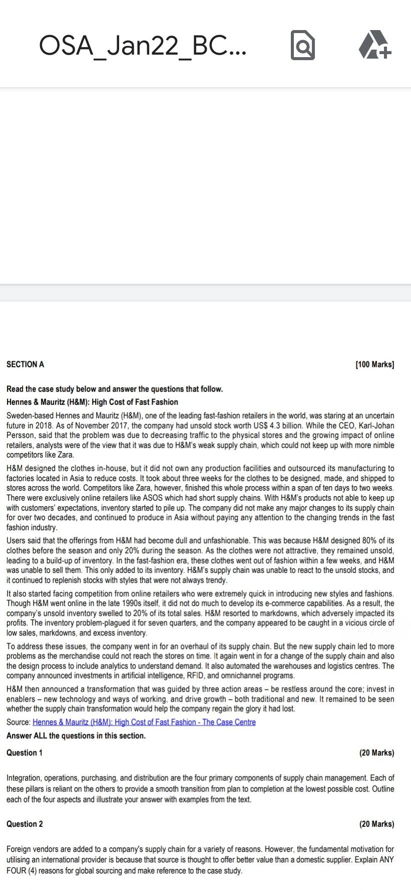 Question 2 OSA_Jan22_BC... SECTION A o [100