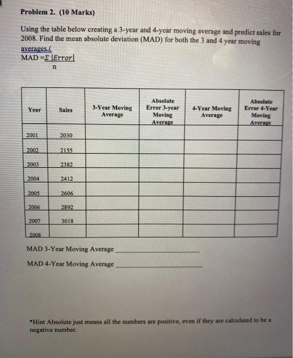 Problem 2. (10 Marks) Using the table below