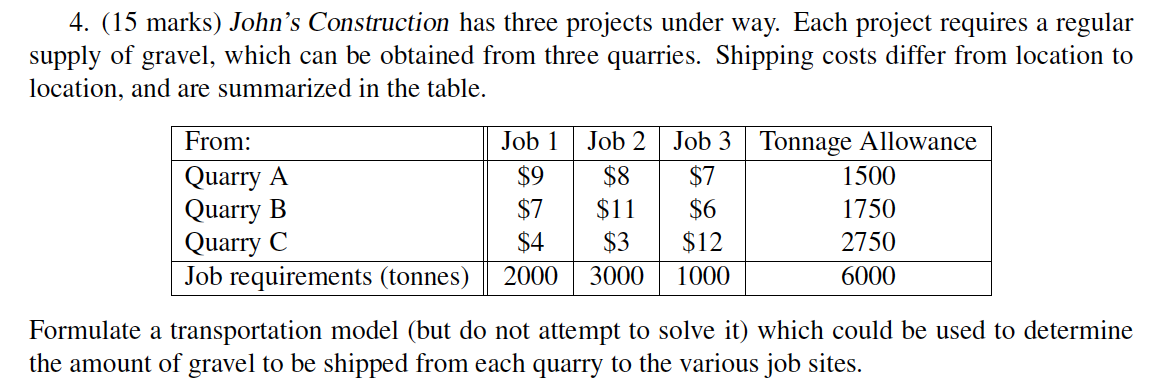 4. (15 marks) John's Construction has three