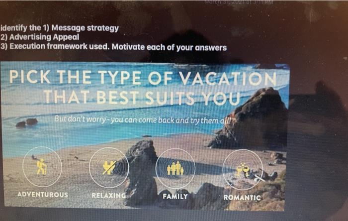 identify the 1) Message strategy 2) Advertising