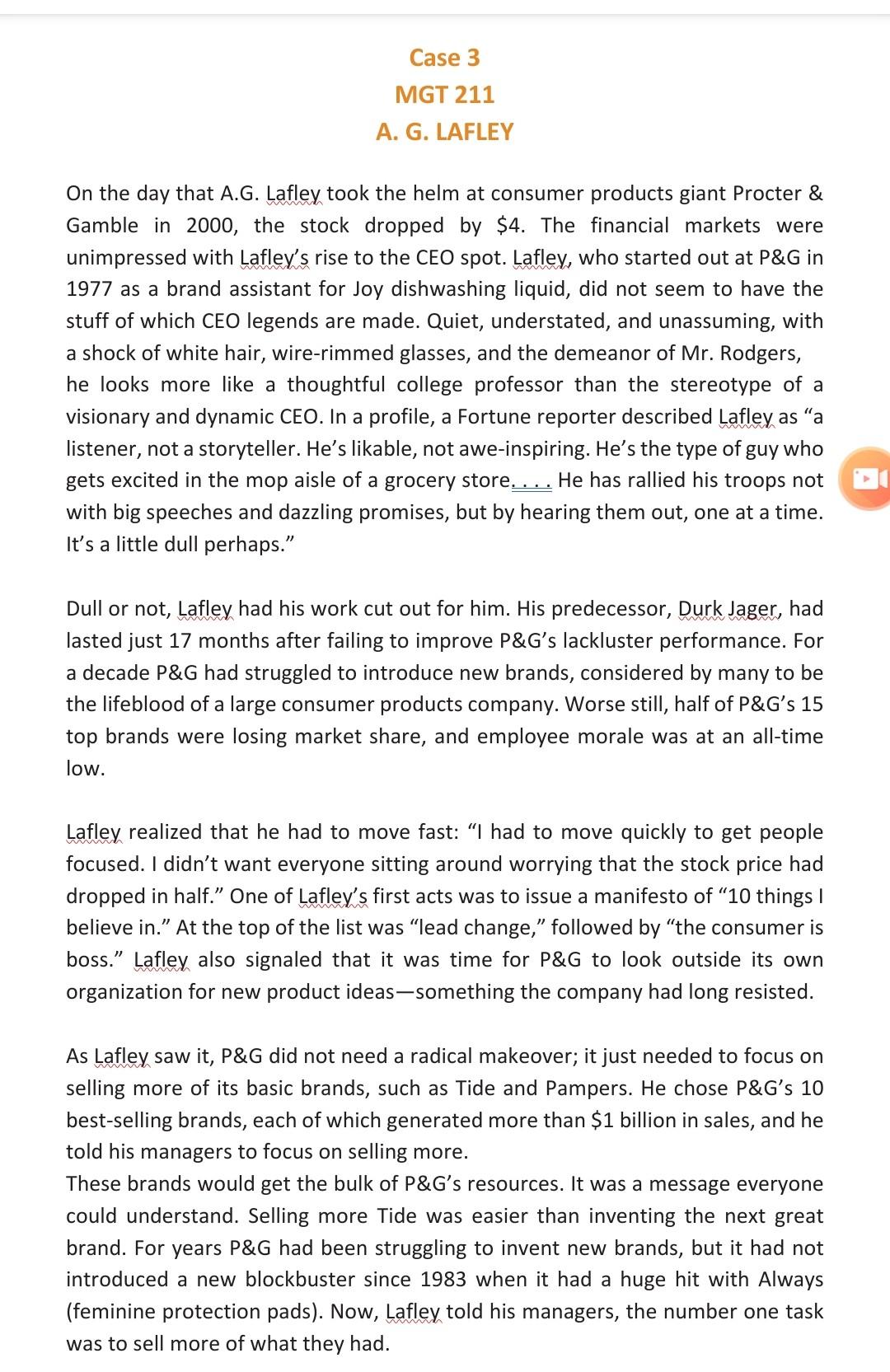 Case 3 MGT 211 A. G. LAFLEY On the day that A.G.