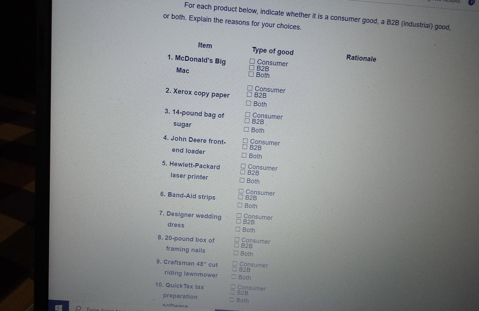 For each product below, indicate whether it is a