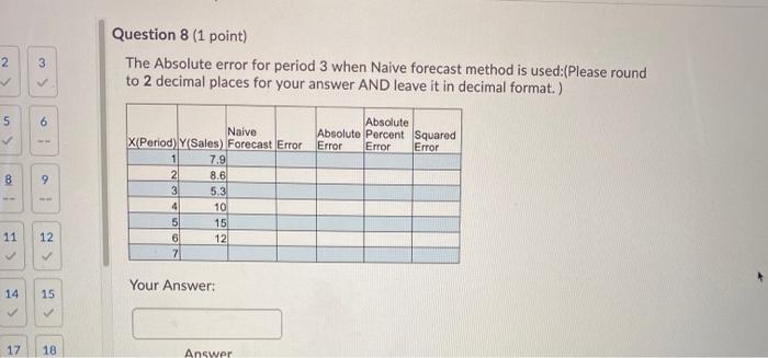 2 3 Question 8 (1 point) The Absolute error for