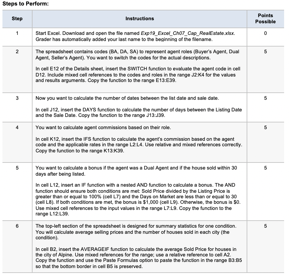 Steps to Perform: Step Instructions Points