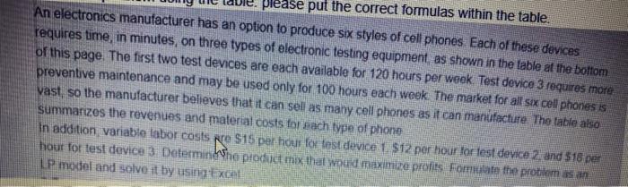 answer in that excel format please! Please put