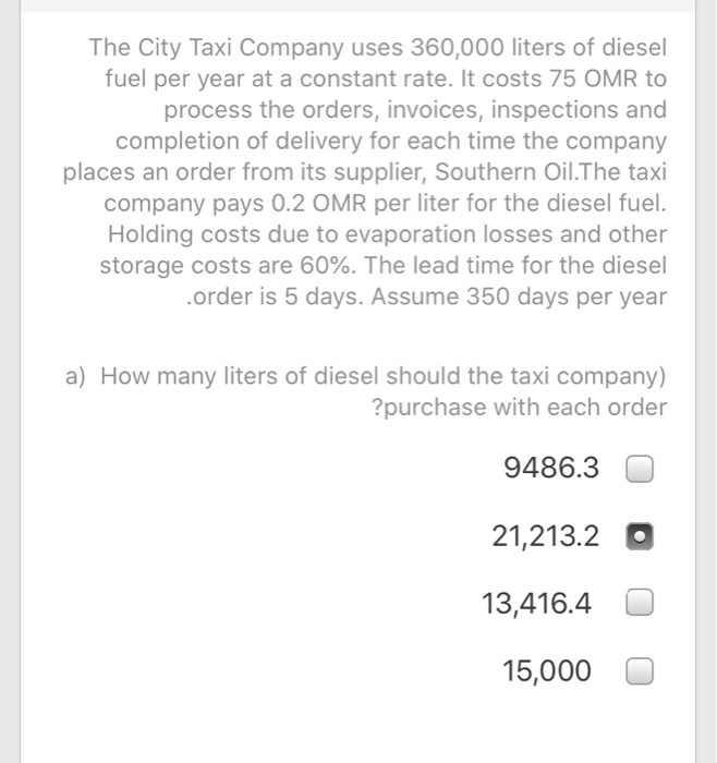 The City Taxi Company uses 360,000 liters of