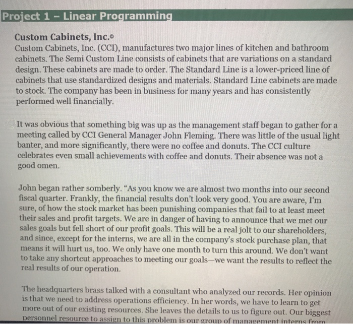 Project 1 - Linear Programming, Custom Cabinets,