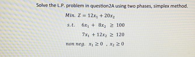 Solve the L.P. problem in question2A using two