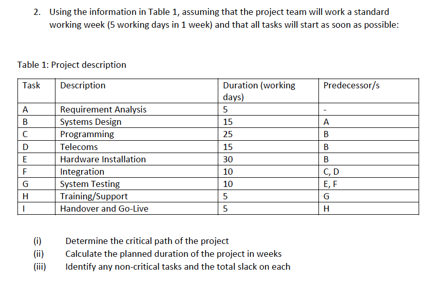 2. Using the information in Table 1, assuming