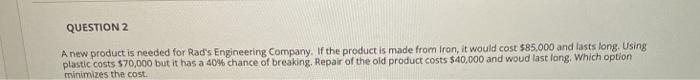 QUESTION 2 A new product is needed for Rad's