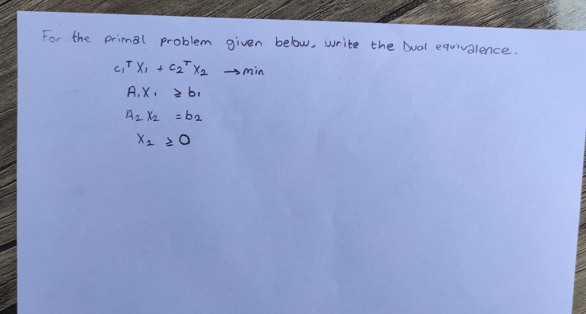For the primal problem given below, write the